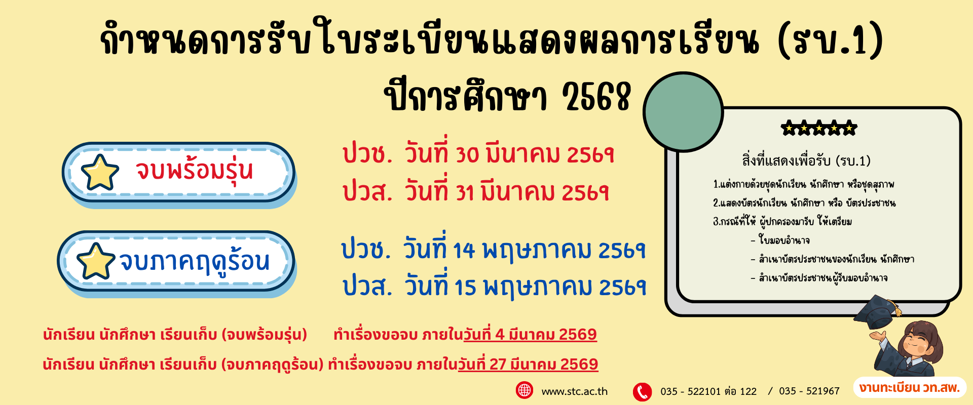 กำหนดการรับใบระเบียนแสดงผลการเรียน (รบ.1) ปีการศึกษา 2568